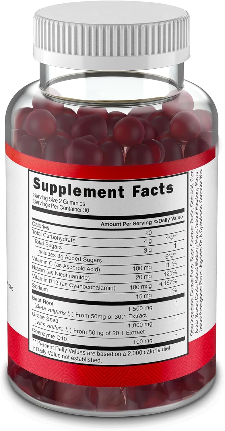 Extreme Beetroot Formula & COQ10 100mg with Grape Seed Extract, 1500mg Beet Root Gummies Extract Gluten Free 60 Count