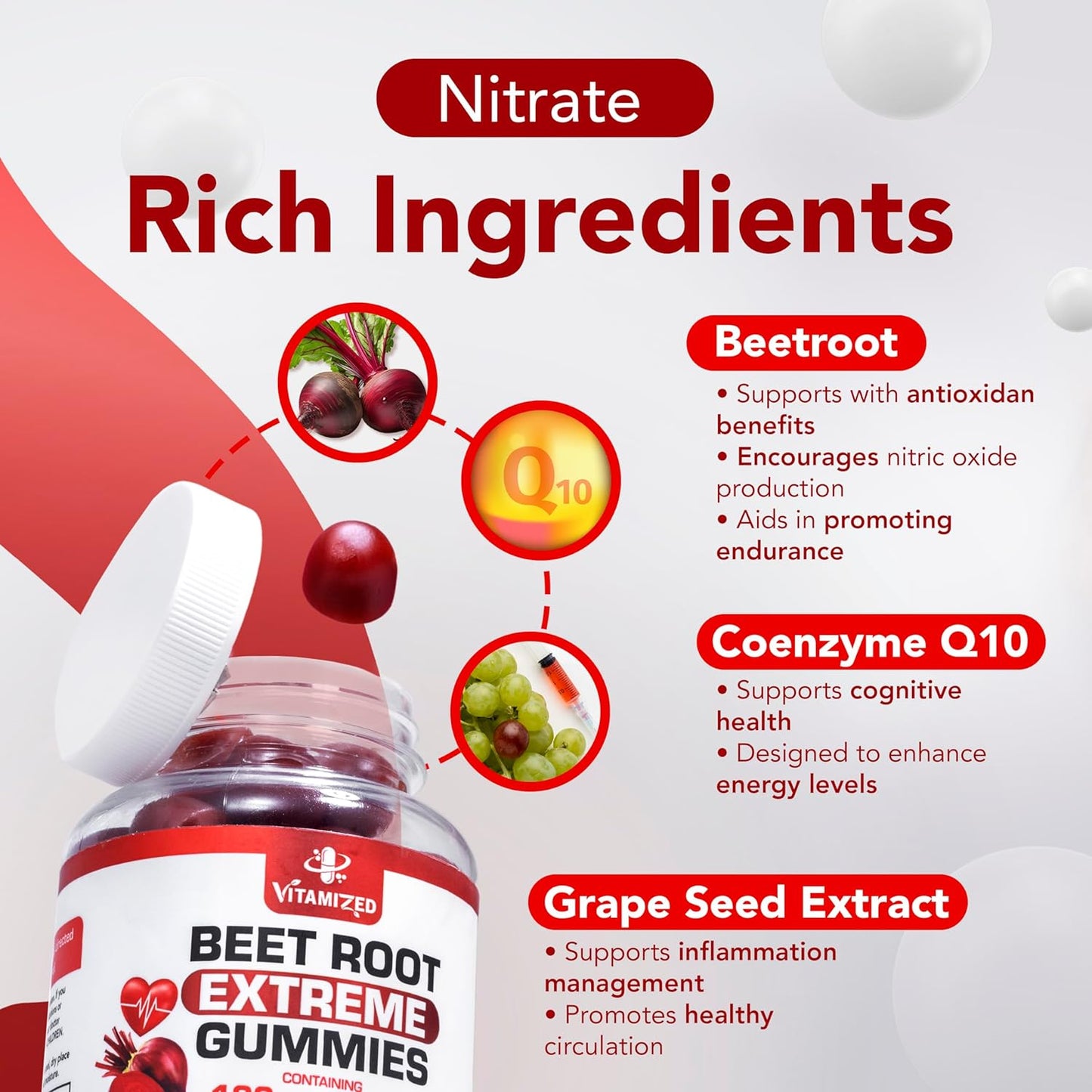 nitrade rch ingredients beetroot gummies with COQ10 & grape seed extract