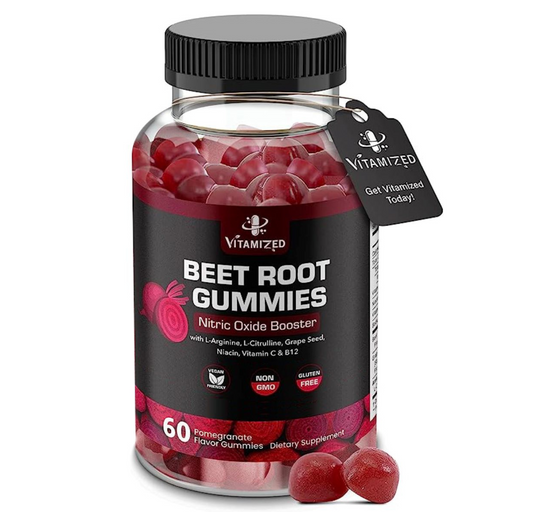 VITAMIZED Potent Beetroot Gummies 1000mg - Nitric Oxide Supplement - Beet Root Chews with Grape Seed & B12- Pomegranate Flavor, 60 Count